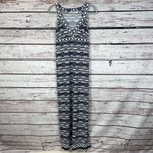 Max Studio Long Maxi Dress Size XS Sleeveless Deep‎ V-Neck Geometric Print Navy